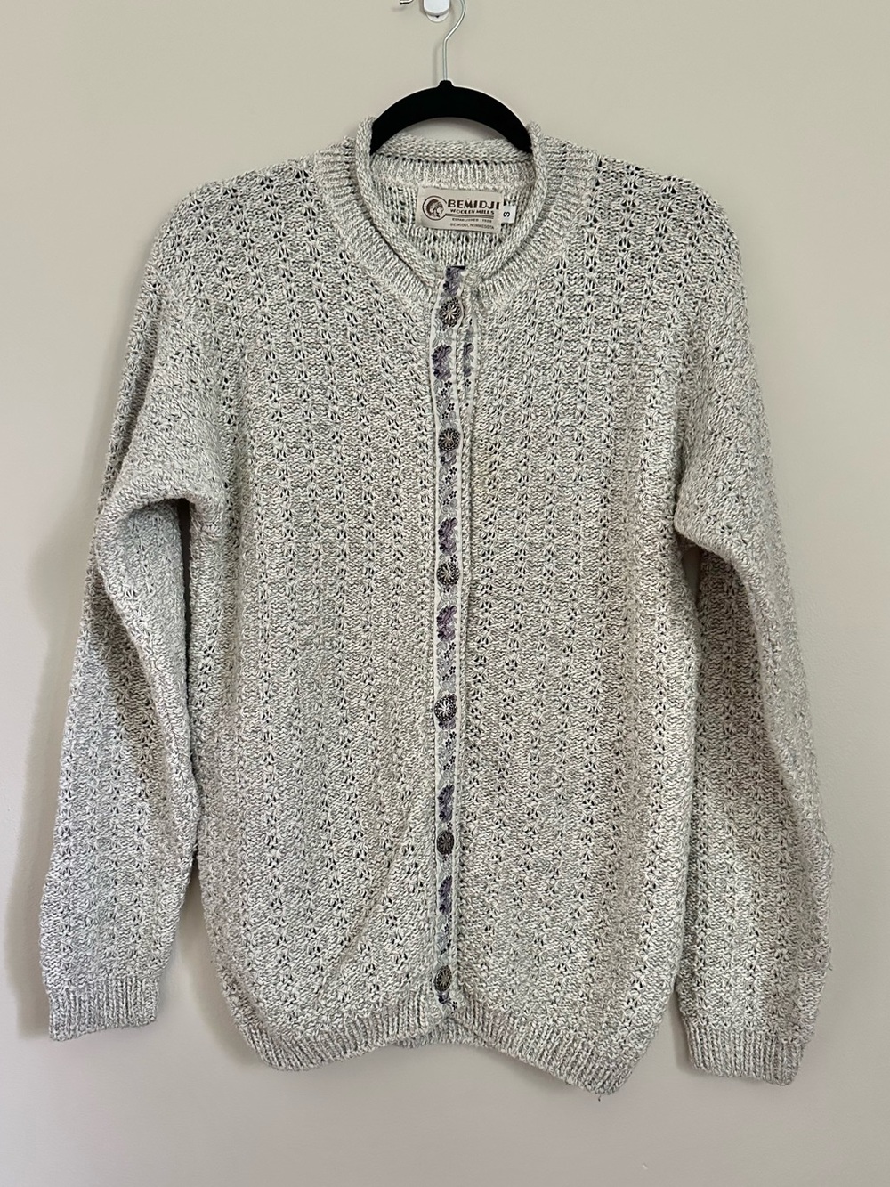 Vtg 90s Bemidji Woolen Mills Grandma Cardigan Sweater Gray Knit SM Cottagecore